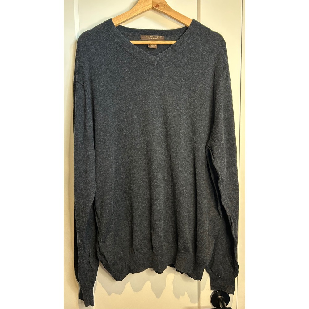 Sebastian Cooper Mens XL Charcoal Grey Cotton Cashmere Blend V-Neck Sweater